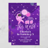 ピンクプラネット宇宙アウトオブザスワールド誕生日 招待状 (正面/裏面)