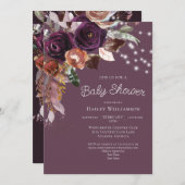ピンクプラムパープルフローラストリング軽い赤ちゃんシャワー 招待状 (正面/裏面)