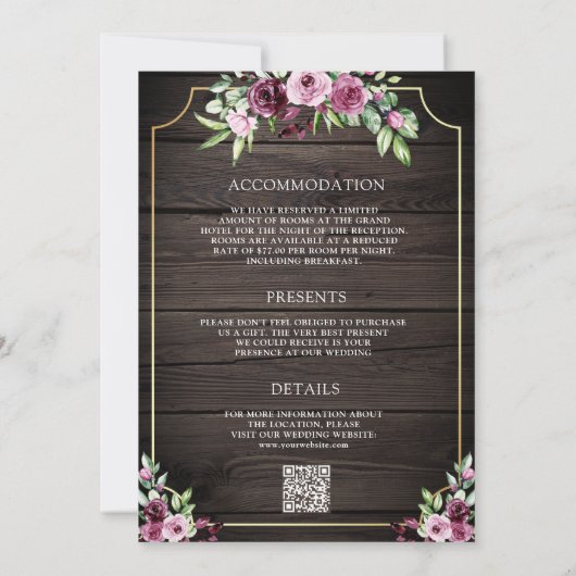 ピンクプラムフローラアンパサンド木材QRコード結婚ズ 招待状 (裏面)