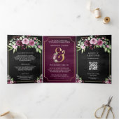 ピンクプラムフローラアンパサンド黒QRコード結婚ズ 三つ折り招待状 (内部)