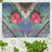 ピンクプリムローズ素朴ブルーグリーンボード キッチンタオル (折り畳み)