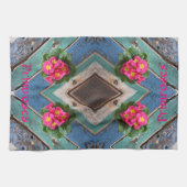 ピンクプリムローズ素朴ブルーグリーンボード キッチンタオル (横)