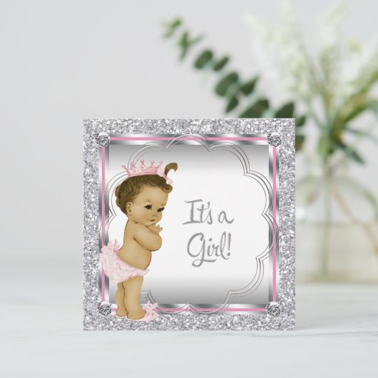 ピンクプリンセスアフリカ系アメリカ人ベビーシャワー 招待状 (スタンド正面)