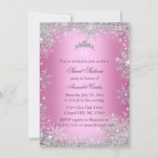 ピンクプリンセスウィンターワンダーランドスウィート16招待状 招待状 (裏面)