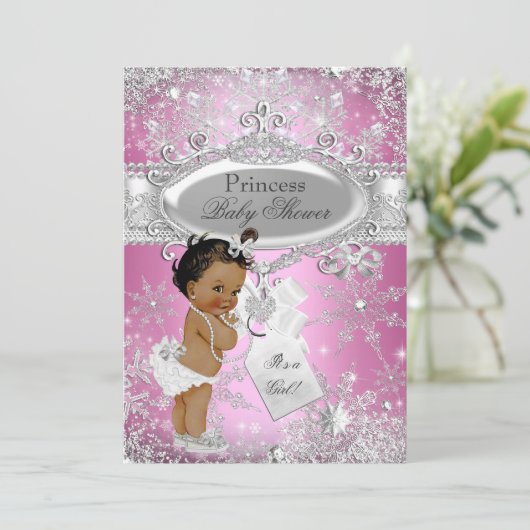 ピンクプリンセスウィンターワンダーランドベビーシャワーエスニック 招待状 (スタンド正面)