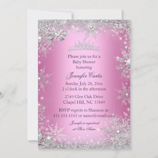 ピンクプリンセスウィンターワンダーランドベビーシャワーエスニック 招待状 (裏面)