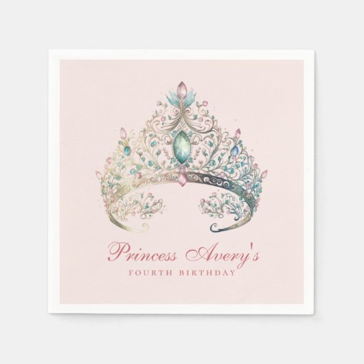 ピンクプリンセスウォーターカラーティアラ誕生日 スタンダードカクテルナプキン (正面)