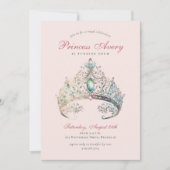 ピンクプリンセスウォーターカラーティアラ誕生日 招待状 (正面)