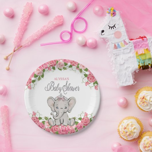 ピンクプリンセスエレファントティアラガールベビーシャワー ペーパープレート (パーティー)