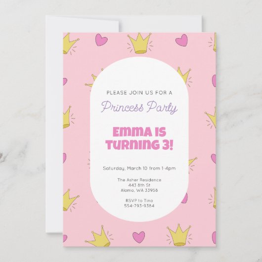 ピンクプリンセスガールズバースデーパーティー招待状 招待状 (正面)