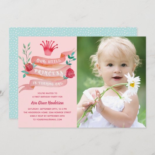 ピンクプリンセスガールズ1歳の誕生日パーティー写真 招待状 (正面/裏面)