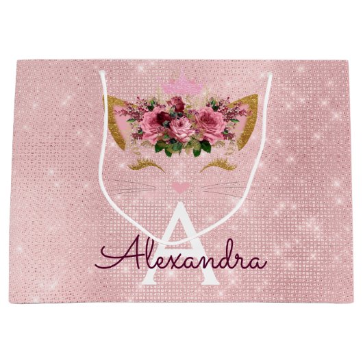 ピンクプリンセスキットンバラ金ゴールド赤面ピンクグリッター ラージペーパーバッグ (正面)