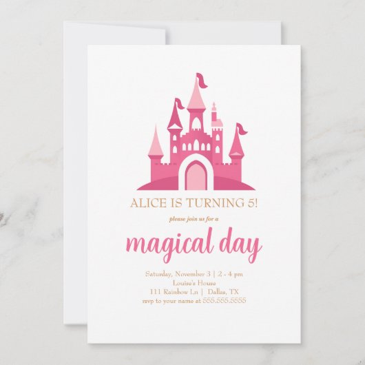 ピンクプリンセスキャッスルガールバースデーパーティー 招待状 (正面)