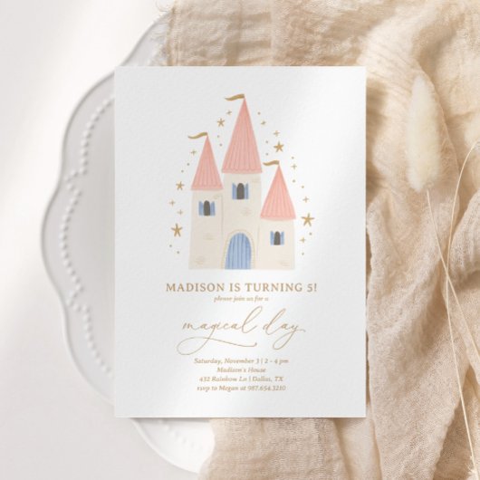 ピンクプリンセスキャッスルガールバースデーパーティー 招待状