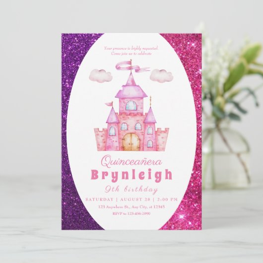 ピンクプリンセスキャッスルガールバースデーパーティー 招待状 (スタンド正面)