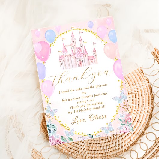 ピンクプリンセスキャッスルガール誕生日サンキューカード サンキューカード