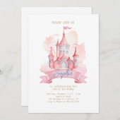 ピンクプリンセスキャッスルガール誕生日 招待状 (正面/裏面)