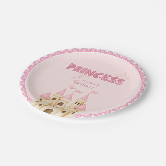 ピンクプリンセスキャッスルフローラエンチャント誕生日 ペーパープレート (アングル)