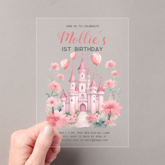 ピンクプリンセスキャッスルベビーガールの誕生日 アクリル招待状 (インサイチュ (ポータブル))