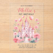 ピンクプリンセスキャッスルベビーガールの誕生日 アクリル招待状 (正面)