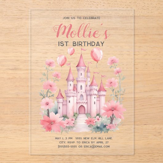 ピンクプリンセスキャッスルベビーガールの誕生日 アクリル招待状 (正面)