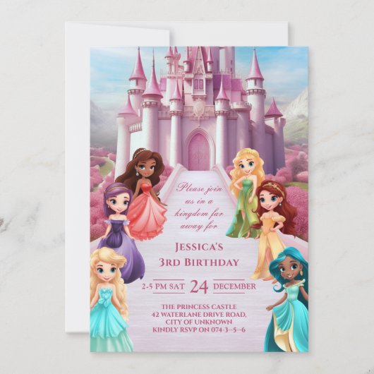 ピンクプリンセスキャッスル王室のキッドガール誕生日 招待状 (正面)
