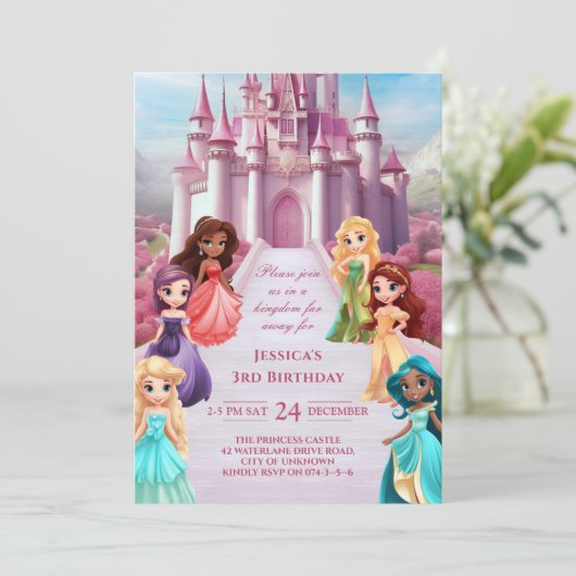 ピンクプリンセスキャッスル王室のキッドガール誕生日 招待状 (スタンド正面)