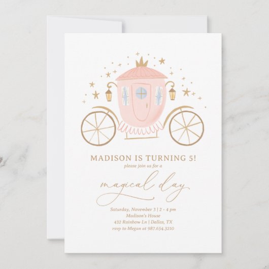 ピンクプリンセスキャリッジガールバースデーパーティー 招待状 (正面)