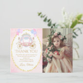 ピンクプリンセスキャリッジ誕生日写真 サンキューカード (スタンド正面)