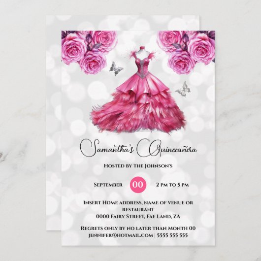 ピンクプリンセスキンセアニラファンタジーボールガウンバラ 招待状 (正面/裏面)