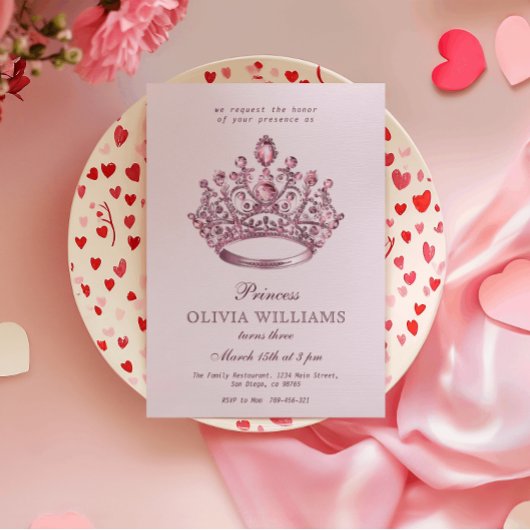 ピンクプリンセスクラウンエレガントバースデーパーティー 招待状