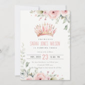 ピンクプリンセスクラウンティアラフローラフォト誕生日 招待状 (正面)