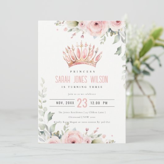 ピンクプリンセスクラウンティアラフローラフォト誕生日 招待状 (スタンド正面)