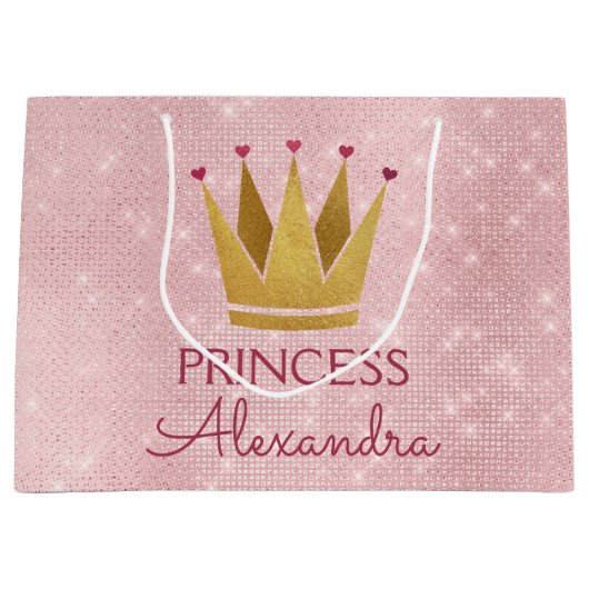 ピンクプリンセスクラウンバラ金ゴールド誕生日 ラージペーパーバッグ (正面)