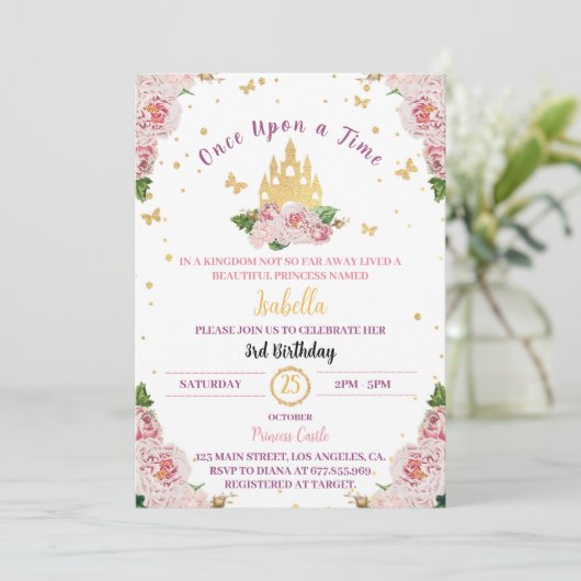 ピンクプリンセスクラウンフェアヤテール誕生日招待状 招待状 (スタンド正面)