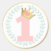 ピンクプリンセスクラウンベビーガールファースト誕生日 ラウンドシール (正面)