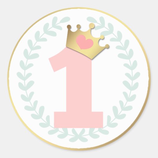 ピンクプリンセスクラウンベビーガールファースト誕生日 ラウンドシール (正面)