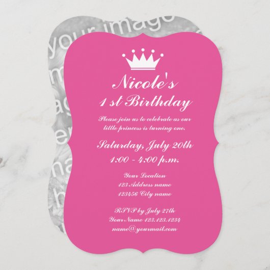ピンクプリンセスクラウン1st誕生日パーティの招待状 招待状 (正面/裏面)