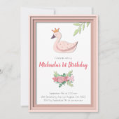 ピンクプリンセススワンフローラガールファースト誕生日 招待状 (正面)