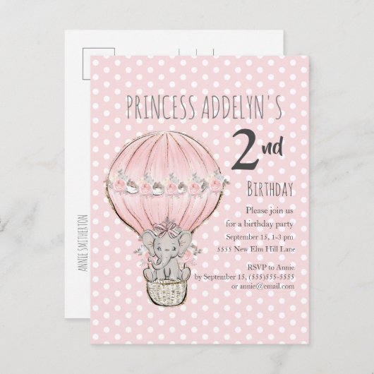 ピンクプリンセスゾウのバルーンドット2nd誕生日 インビテーションポストカード (正面/裏面)