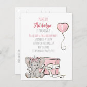 ピンクプリンセスゾウの子供の誕生日パーティー インビテーションポストカード (正面/裏面)