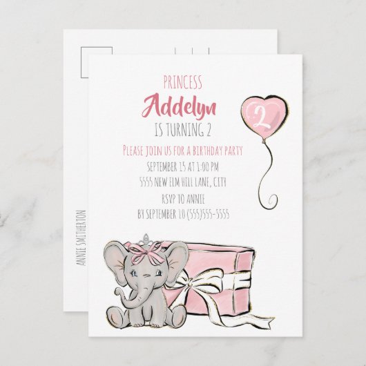 ピンクプリンセスゾウの子供の2歳の誕生日パーティー インビテーションポストカード (正面/裏面)