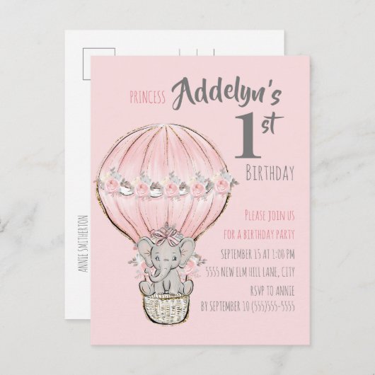 ピンクプリンセスゾウ熱気球 インビテーションポストカード (正面/裏面)