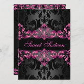 ピンクプリンセスダマスクスウィート16誕生日招待状 招待状 (正面/裏面)