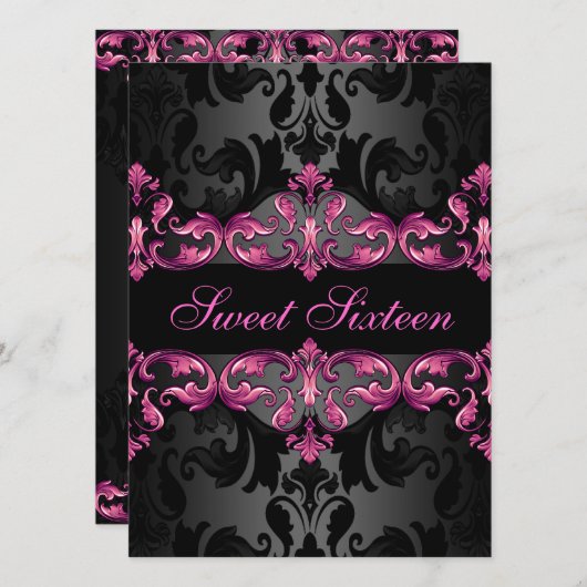 ピンクプリンセスダマスクスウィート16誕生日招待状 招待状 (正面/裏面)