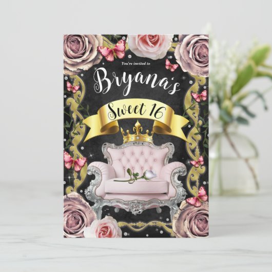 ピンクプリンセスチェア ローズ＆バタフライ スウィート16 招待状 (スタンド正面)
