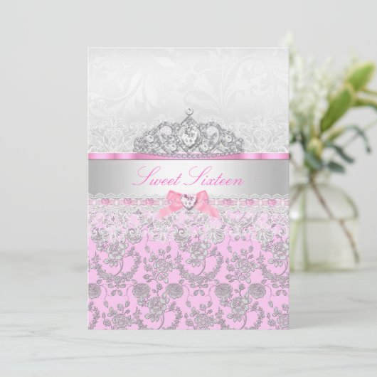 ピンクプリンセスティアラ&レーススウィート16招待状 招待状 (スタンド正面)