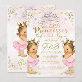 ピンクプリンセストゥトゥ＆クラウン双子の女の子の誕生日 招待状 (正面/裏面)