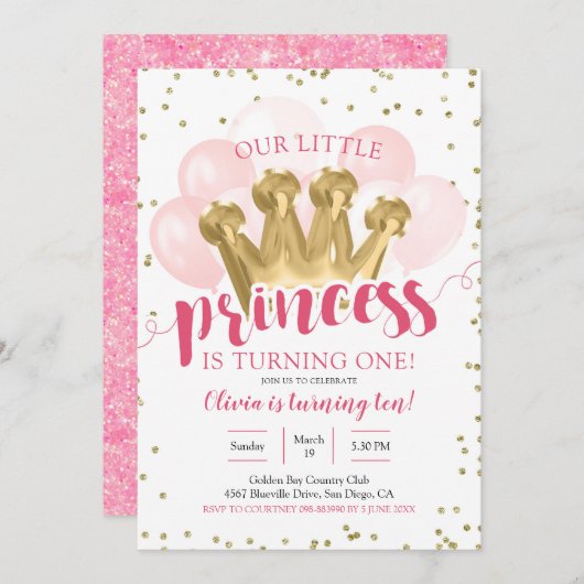 ピンクプリンセスバルーン誕生日招待状 招待状 (正面/裏面)