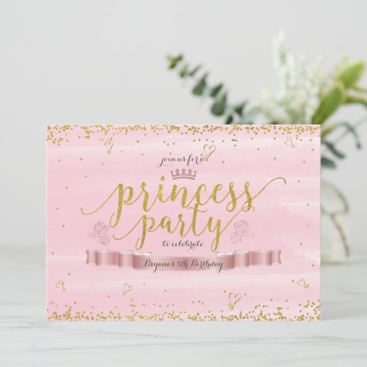 ピンクプリンセスパーティーおよび金ゴールド誕生日招待状 招待状 (スタンド正面)